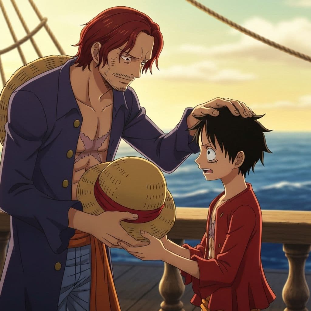 Shanks giving the Straw Hat to Luffy - The Promise